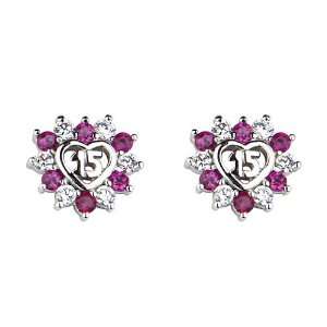 925 Sterling Silver Rhodium Plated Red Sweet 15 Años Heart CZ Stud 