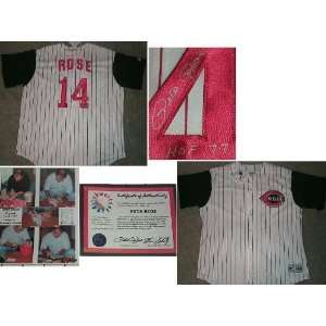  Pete Rose Signed Reds p/s Majestic Jersey w/HOF??: Sports 
