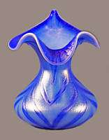Czech Bohemian STEPANEK Blue Iridized Art Glass Vase SIGNED  