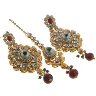 CZ RUBY EMERALD BEADS KUNDAN BOLLYWOOD FASHION DANGLE EARRINGS+TIKKA 