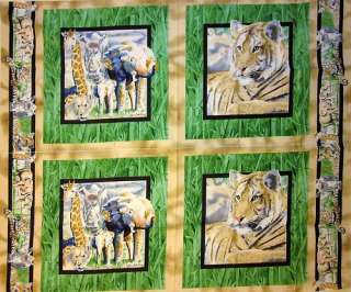   Panel Its Zoological Green Tiger Lion Elephant Giraffe Cotton  