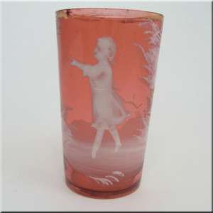 Mary Gregory Bohemian Hand Enamelled Red Glass Tumbler  