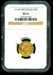1913 B SWITZERLAND GOLD COIN 10 TEN FRANCS NGC CERTIFIED GENUINE 