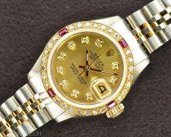 ROLEX LADIES 18K GOLD DATEJUST GOLD DIAMOND AND RUBY WATCH  