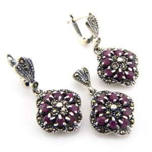   Ruby Marcasite Gemstone Genuine Silver Earring Pendant Set Jewelry