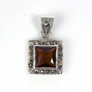   Silver & Garnet CZ Princess Cut Fancy Marcasite Pendant: Jewelry