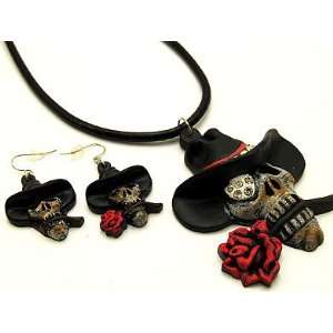  Sin City Cowboy Skull Necklace and Earrings Set 