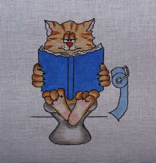 Needlepoint canvas Reading cat in Bathroom  