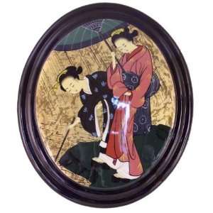  Oriental Oval Lacquered Painting Wall Art Plaque (Japanese 