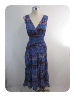 New Jane Ashley Blue Multi Cotton Empire Maxi Dress Large $58  