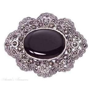  Sterling Silver Black Onyx Marcasite Brooch Pin: Jewelry