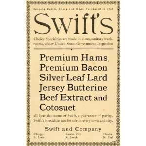: 1899 Ad Swifts Premium Ham Bacon Beef Extract Cotosuet Silver Leaf 