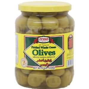 Ziyad pickled whole green olives, 16 oz. glass jar  