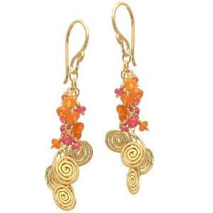   Filled Earrings Clusters of pink ruby, carnelain, and hammered spirals