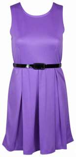 WOMENS PLEATED STRETCH FLARE BELTED LADIES SLEEVELESS SKATER SUMMER 