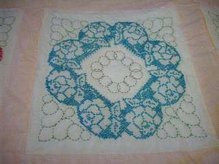 UNFINISHED ALL HAND CROSS STITCHED WREATH OF ROSES QUILT #E79  