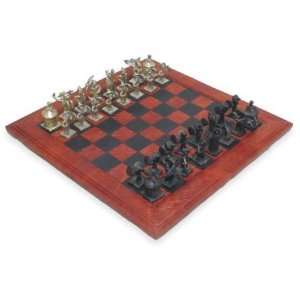 Antique Style Chess Board with Bronze African Royalty Chess Pieces 