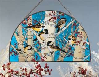 CHICKADEES IN THE SNOW * BIRDS 16 ARCH GLASS ART PANEL  