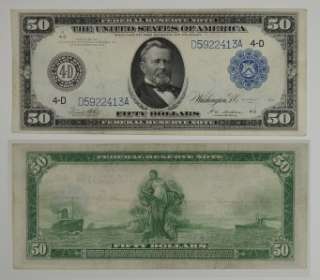 1914 $50 FIFTY DOLLAR FEDERAL RESERVE NOTE BLUE SEAL VERY FINE  