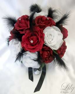 made with one white rose bud with black ribbon bow