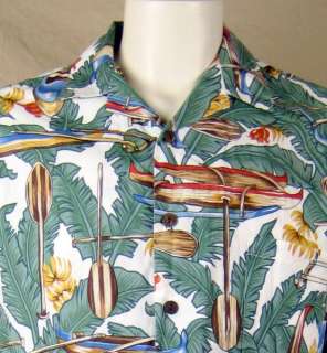 Hilo Hatties Outrigger Paddle Fronds Hawaiian Shirt Mens Large Coconut 