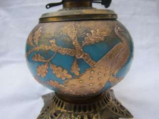 Antique Unusual BB&C Co DUPLEX Blue Handpainted PEACOCK Oil LAMP 