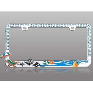Sandy Beach Design with Sparkling Blue Water Crystals License Plate 