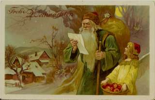 1924 Green Suited SANTA CLAUS    Christmas    Little Girl w/ Basket of 