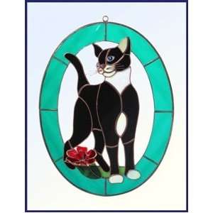 Cat and Flower   Teal Stained Glass Window Hanging Arts 