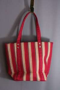   maroon, cream and green stripe fabric. Body measures 8.5 tall by 11