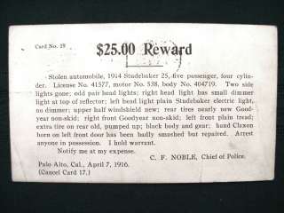 Original 1916 Reward postcard issued by the Palo Alto Police for a 