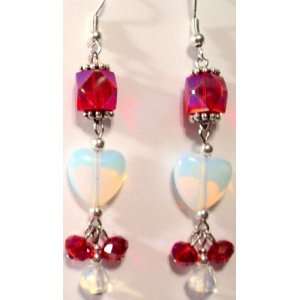  Moonstone Heart & Red Crystal Glass Beads Earrings Set 