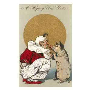  Happy New Year, Clown Kissing Pig Premium Poster Print 