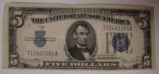 1934D $5 Five Dollars Silver Certificate Bill Note  