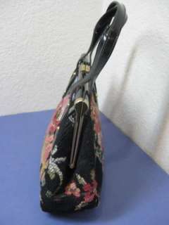 vtg 60s Wool Floral Carpet Tapestry stle Purse w/ Patent Leather 