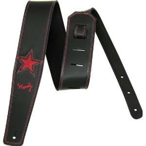  Moody 2.5 Luxury Black Leather Guitar Strap with One Red Star 