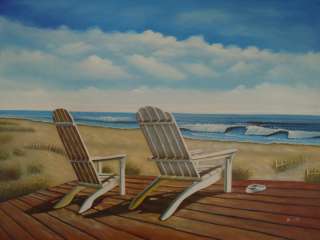 36x48 Oil Painting Art Beach Deck Chairs Tropical Dock  