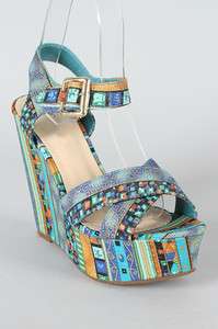 TURQUOISE Womens Tribal Print Criss Cross Open Toe Wedge Sandals Size 