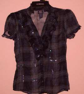 BLUE ASPHALT Sheer Sequins Ruffle Tunic Boho Top Shirt  