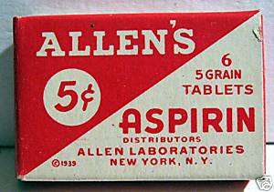 1939 Allens Aspirin War Time Pack Old Store Stock NY  