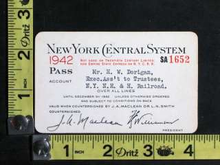 1942 New York Central System Railroad Pass for Harry W. Dorigan, NY NH 
