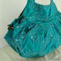Silk Hippie Hobo Floral Sequin Bag Purse Aqua Green Handmade Last One 