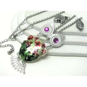   Necklace with Floral Belly Locket Long 30 Chain Silver Tone Jewelry