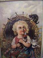 Victorian Girl Child Kitten Beach Antique Oil Painting  