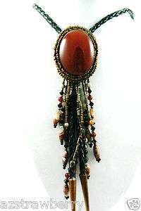   AGATE BOLO TIE BEADED CHARMS TASSELS LEATHER NECKLACE $0 SH  