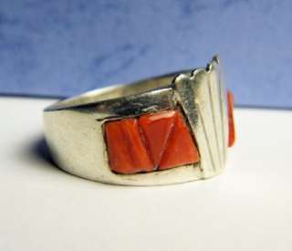   Sterling Silver SW Native American CORAL BAND Ring Mens hallmarked 9
