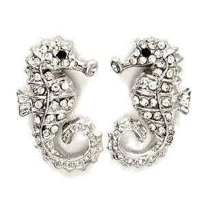 Silver Sea Horse Crystal Earring Studs