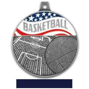   Americana Custom Basketball Medals SILVER MEDAL/NAVY RIBBON 2.25 MEDAL