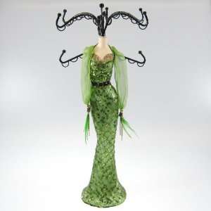 Green Sequin Dress Mannequin Jewelry Stand with Feather Scarf:  