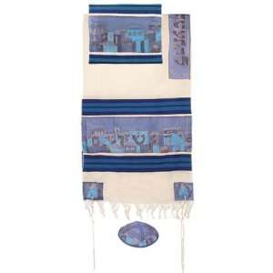  Jerusalem in Blue Cotton and Silk Tallit Prayer Shawl Set 